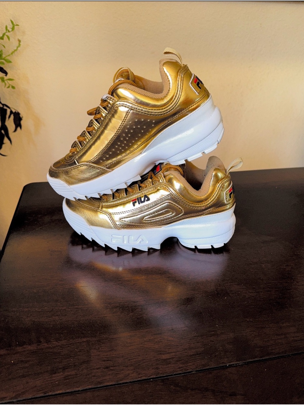 Fila Women’s Metallic Gold Chunky Platform Sneakers with White Sole